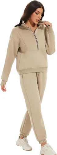 Vista 5 de COZYPOIN Conjunto deportivo de 2 piezas para mujer, sudadera de forro polar con cremallera media y pantalones de chándal de forro polar