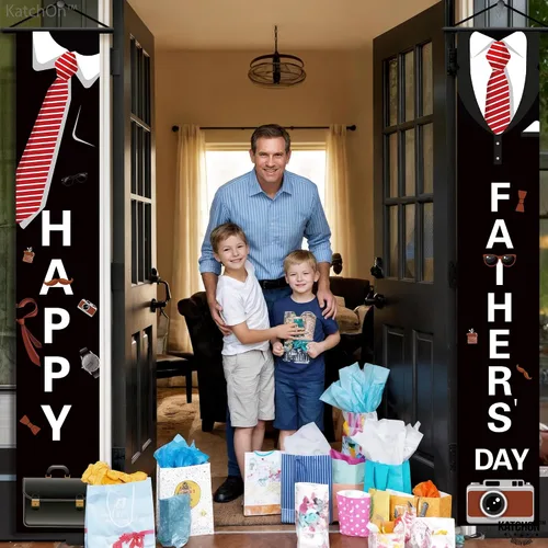 Vista 4 de KatchOn, Cartel negro con texto en inglés «Happy Father» – XtraL, 72 x 12 pulgadas Esmoquin para colgar telón de fondo del día del padre