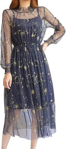 Vista 5 de Women Summer Chiffon Dress Stars Moon Print Embroidered Skirt Long Puff Sleeve Princess Dress