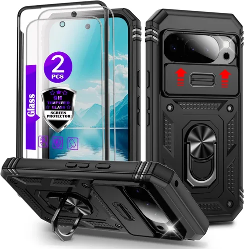 Vista 23 de Funda para Pixel 9 Pro XL con cubierta deslizante para cámara, 2 protectores de pantalla de vidrio templado, soporte de anillo giratorio de 360°