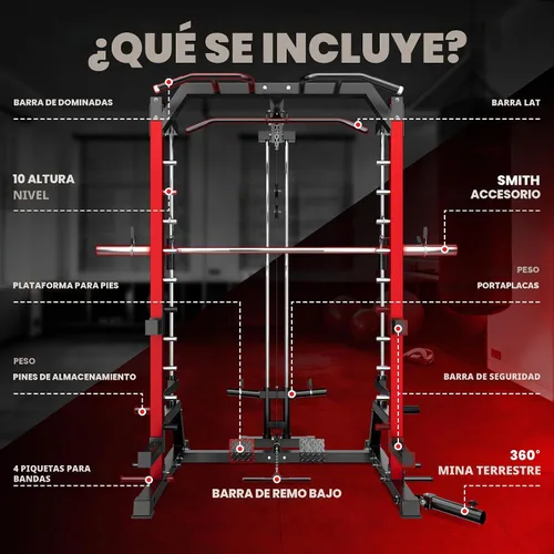 Vista 3 de JELENS SR01 Smith Machine, jaula de potencia multifunción de 2000 libras con sistema de extracción LAT, estante para sentadillas todo en uno