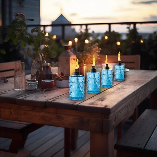 Vista 7 de Paquete de 4 linternas de mesa de cristal azul con mecha y tapa, linternas de citronela al aire libre, linterna de llama recargable, linterna