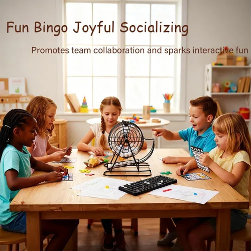 Vista 5 de Juego de jaula de bingo para adultos y jóvenes, el juego de bingo premium incluye jaula de metal giratoria de 8 pulgadas, 75 bolas de bingo, 18
