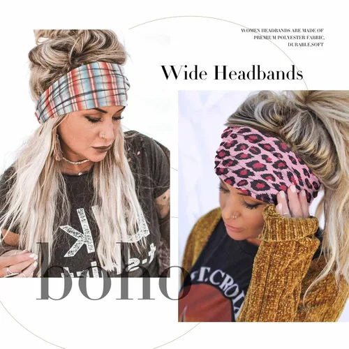 Vista 2 de Olbye Diademas bohemias anchas elásticas y antideslizantes para mujer y niña - para entrenamiento, yoga, correr, banda para el sudor, pañuelos