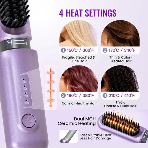 Vista 4 de Rizador de pelo inalámbrico 2 en 1, herramientas de pelo recargables de tamaño de viaje, cepillo alisador de pelo inalámbrico intercambiable