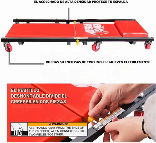 Vista 5 de BIG RED 36" Creeper Acolchado de Garaje/Taller de 2 Piezas con Ruedas, Carrito de Mecánico con Reposacabezas y 6 Ruedas, Rojo TR7565R Torin