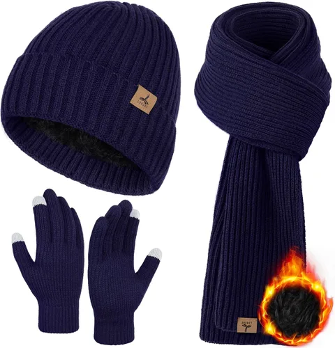 Vista 11 de Winter Hat Scarf Gloves Set, Knitted Ribbed Beanie Winter Gift Men Boys Mezcla gris y negro