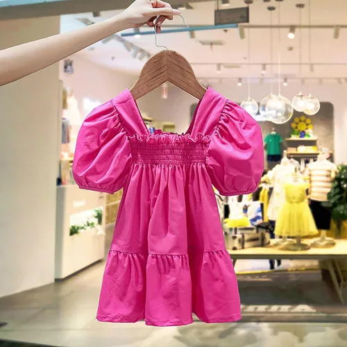 Vista 2 de VEFSU Toddler Kids Baby Girls Dress Puff Sleeves Solid Casual Party Ruffled Princess Dresses Infant Girl Clothes Dresses