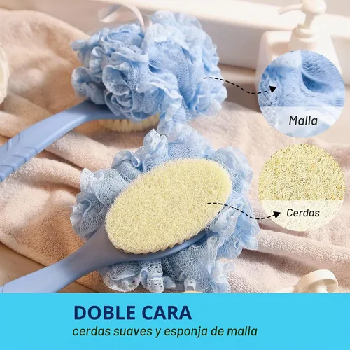Vista 2 de [2ª generación] Cepillo corporal de ducha con cerdas y esponja, esponja de malla de baño con mango curvado de 16 pulgadas de largo, antideslizante