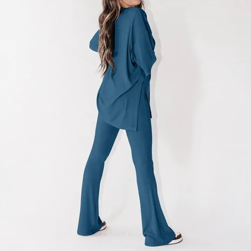 Vista 7 de Gumipy Women's 2 Piece Outfit All Weekend Long Pant Set Casual Fall Outfits 34 Sleeve Ribbed T-Shirt & Wide Leg Pants Tracksuit