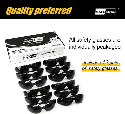 Vista 6 de Gafas de seguridad (paquete de 12 unidades), gafas protectoras de policarbonato teñido de humo para mujeres y hombres, talla única, empaquetadas