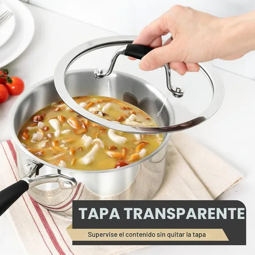 Vista 2 de MICHELANGELO Triply - Cacerola de acero inoxidable con tapa, 6 piezas, sartén de acero inoxidable con mango de baquelita, juego de cacerolas