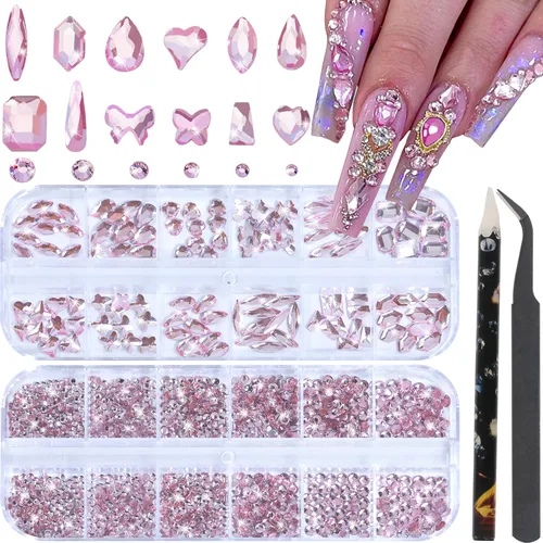 Vista 14 de Diamantes de imitación para uñas, tamaño 3D multiforma, gemas y dijes de cristal AB para uñas, parte trasera plana, con kit para arte de uñas