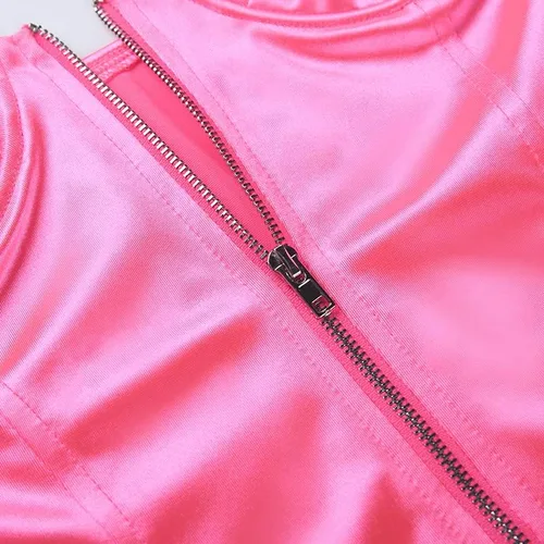 Vista 5 de Velius Body sexy con cuello en V profundo y cremallera frontal brillante para mujer