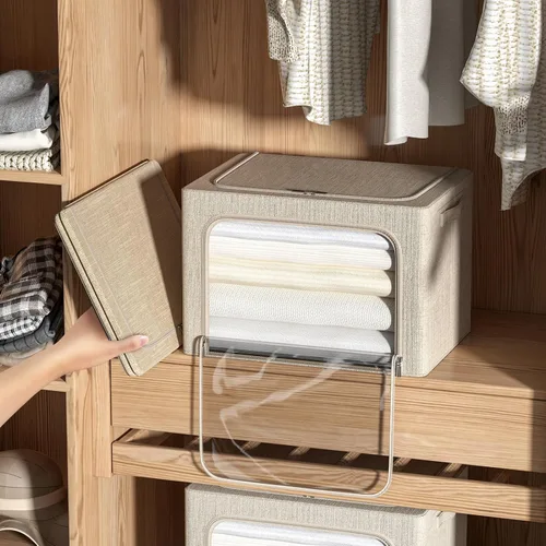 Vista 3 de Paquete de 4 contenedores de almacenamiento de ropa con marco de metal, juego organizador plegable de tela de lino con ventana transparente, asas