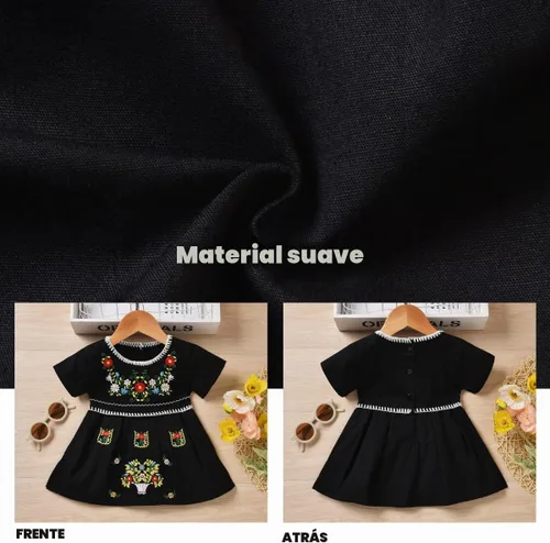 Vista 4 de Aalizzwell Vestido Bordado para Bebé Niña Pequeña Ropa Étnica Vestido de Verano de Manga Corta Negro