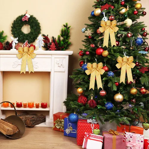 Vista 6 de WILLBOND 9 lazos dorados de Navidad con purpurina para decoración de fiestas de Navidad