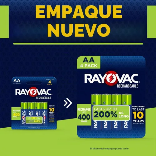 Vista 8 de RAYOVAC Baterías AA recargables (paquete de 4), baterías recargables NiMH Doble A