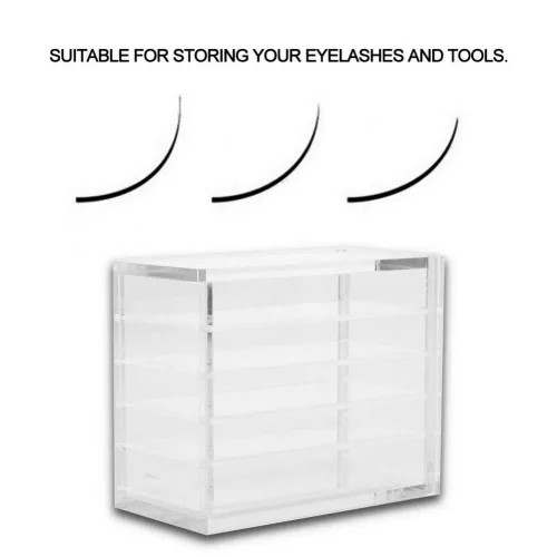 Vista 4 de Estuche transparente de 5 capas para pestañas postizas con paletas de pegamento y soportes para injertos, compacto, apilable, caja de almacenamiento