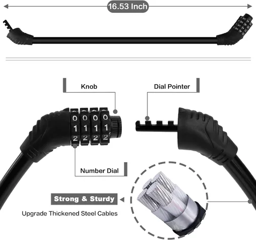Vista 9 de Cable de bloqueo de bicicleta, accesorios para bicicleta, cerraduras de bicicleta resistentes antirrobo, cerradura de cable de combinación