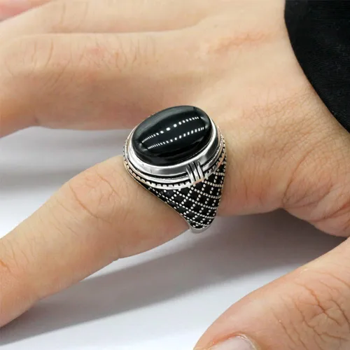 Vista 3 de SKOOMEN Anillo de plata de ónix negro para hombre, anillo ovalado grande con caja de joyería, joyería fina para hombre con piedras preciosas