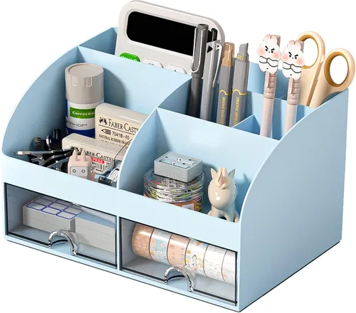 Vista 17 de Organizador de escritorio con 6 compartimentos y 2 cajones, organizador de maquillaje de plástico, soporte para bolígrafos para almacenamiento