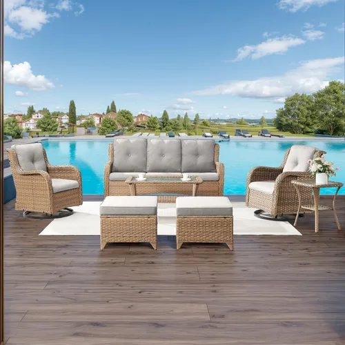 Vista 138 de HUMMUH Juego de 2 Sillas Giratorias Mecedoras de Mimbre para Patio Exterior, Juego de Muebles de Sillas Mecedoras de Ratán (Marrón, Azul) 50,000