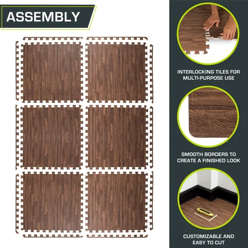 Vista 5 de ProsourceFit Tapete de rompecabezas de grano de madera de ½ pulgada, 6 baldosas de espuma EVA entrelazadas (24 pies cuadrados) para suelos seguros