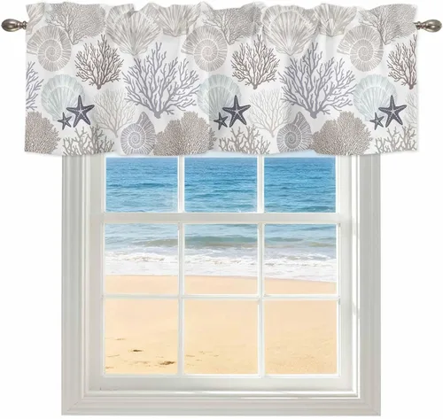 Vista 34 de Cenefa de amarre para ventanas, cortinas náuticas costeras de coral, cenefas con bolsillo para barra, cortinas de ventana con temática de playa