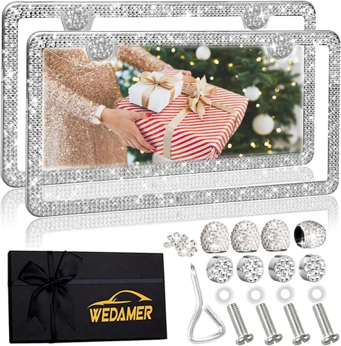 Vista 13 de WEDAMER Paquete de 2 marcos de matrícula negros para mujer, marco de matrícula con diamantes de imitación brillantes con purpurina deslumbrante