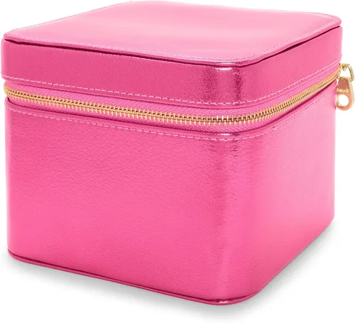 Vista 3 de bando Getaway - Caja organizadora de joyas de cuero vegano estuche de joyería de viaje para anillos aretes collares pulseras color rosa metálico