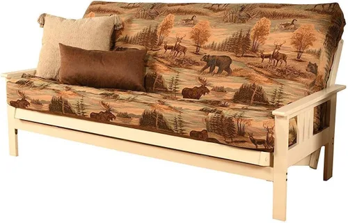 Vista 11 de Maykoosh Marco de futón completo de refinamiento rústico con cajones de almacenamiento, blanco antiguo/bronceado, madera dura clásica con brazos