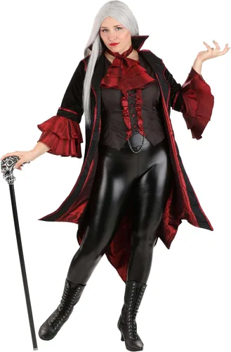 Vista 4 de Exquisito vestido de disfraz de vampiro para mujer, traje de vampiro gótico moderno para adultos, chaleco y cuello medieval, Negro, Rojo, XL