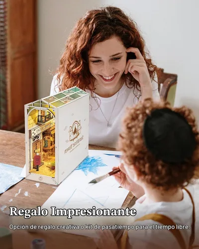 Vista 8 de Rolife Kit de rincón de libros de bricolaje 3D de madera para adultos, estantería de 9.5 pulgadas, decoración interior con kit de casa de muñecas