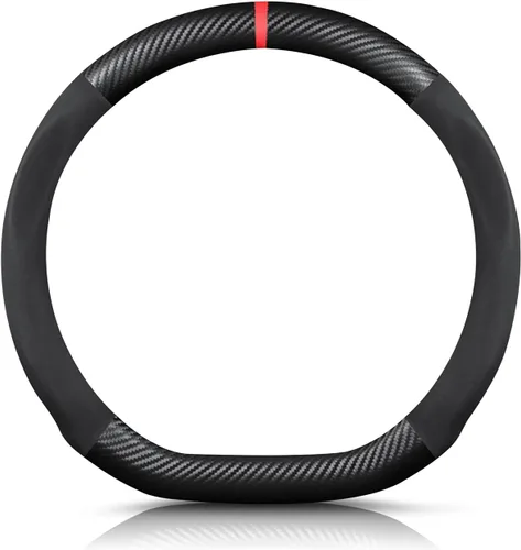 Vista 9 de Ergocar Funda para volante de cuero PU de microfibra y fibra de carbono en forma de D, protector antideslizante para volante de automóvil