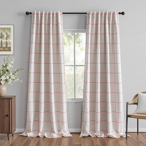 Vista 24 de MYSKY HOME Cortinas de Lino a Cuadros 100% Opacas de 45 Pulgadas de Largo de Doble Capa Estilo Granja con Aislamiento Térmico Estampado a Cuadros