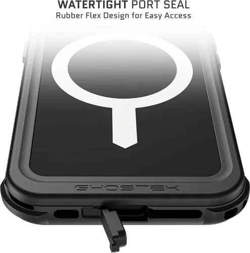 Vista 4 de Ghostek NAUTICAL - Funda impermeable para iPhone 14 Plus con protector de pantalla, clip para cinturón, imanes MagSafe, a prueba de golpes, Negro
