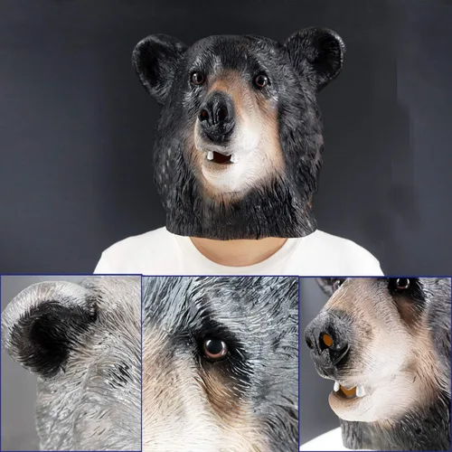 Vista 7 de Máscara realista de látex de oso negro para adultos, disfraz de Halloween, cosplay, fiesta de carnaval, Negro