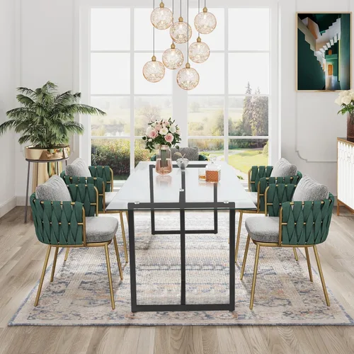 Vista 7 de FurnitureR Mesa de comedor de vidrio templado de 55 pulgadas para 4-6 personas, moderna mesa rectangular espaciosa y patas doradas, elegante