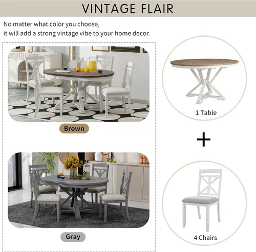 Vista 4 de Harper & Bright Designs Juego de mesa de comedor redonda de 5 piezas, juego de mesa de comedor retro con mesa redonda extensible y 4 sillas