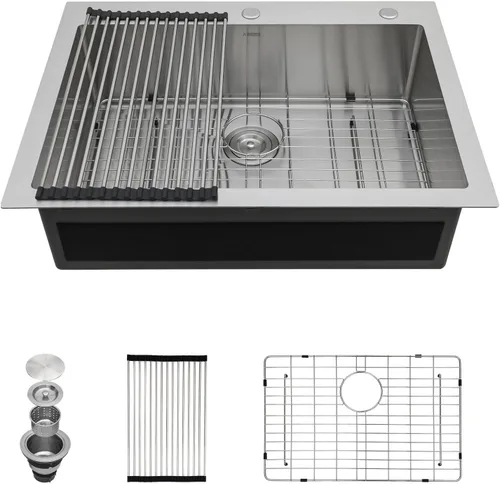 Vista 24 de Kichae Fregadero de barra negro de 15 x 15 pulgadas, pequeño montado en la parte superior, acero inoxidable, repisa de un solo cuenco, estación