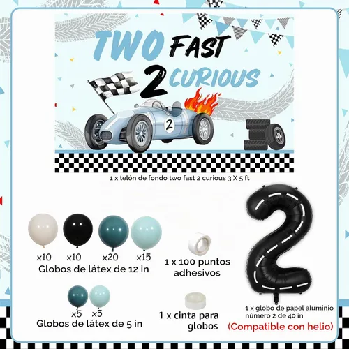 Vista 6 de Two Fast Two Curious - Decoraciones de cumpleaños para niño, decoración de segundo cumpleaños de coche de carreras, arco de globos azules y negros