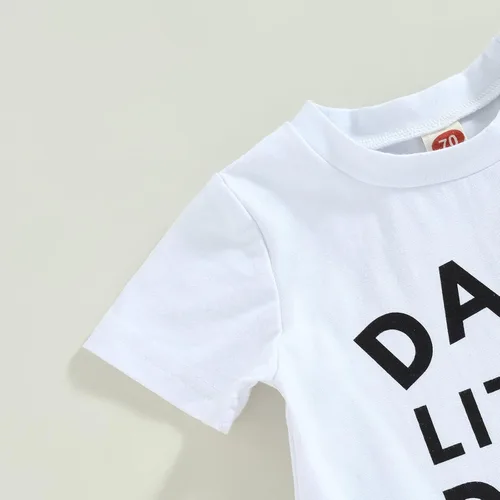 Vista 61 de Conjunto de traje de verano para bebé niño pequeño, manga corta, cuello redondo, letras impresas, lindo traje de verano, conjunto de 2 piezas