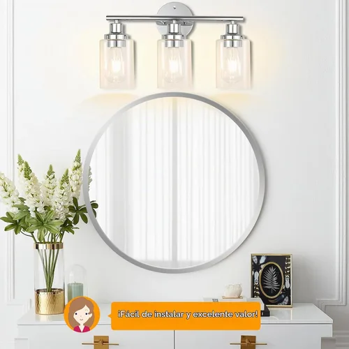 Vista 5 de Accesorios de Iluminación de Baño Watyo, Lámpara de Tocador Cromada, Plata, 3 Luces, Apliques Modernos para Baño con Pantallas de Vidrio