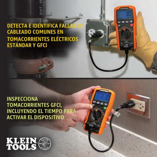 Vista 4 de Klein Tools ET270 Multímetro digital de rango automático, CA/CC, resistencia, continuidad, probador de receptáculo GFCI con cables de prueba y cable