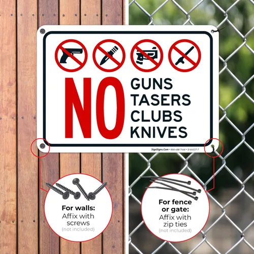 Vista 4 de Letrero de No Guns No Tasers No Clubs No Knives de 10 x 7 pulgadas, libre de óxido, aluminio 040, resistente a la decoloración, fabricado en Estados