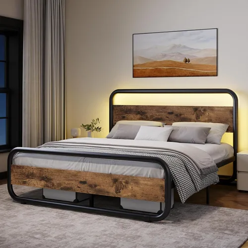 Vista 18 de Catrimown - Marco para cama individual con luces LED, marco de cama plataforma individual resistente de metal rústico con cabecera de madera