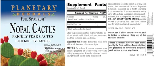 Vista 6 de Planetary Herbals Cactus Nopal de Espectro Completo, Cactus de Tuna, 1000 mg, con Hoja de Tuna - 120 Tabletas