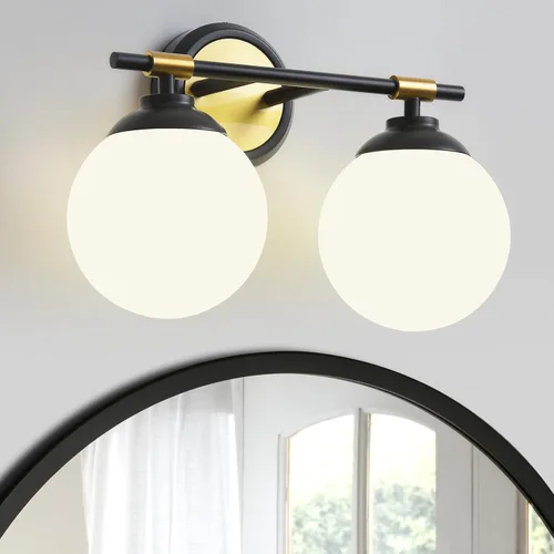 Vista 8 de Rayogale Lámparas de baño doradas, ETL 2 luces de tocador sobre espejo con vidrio esmerilado, iluminación suave, apliques de baño de 15 pulgadas