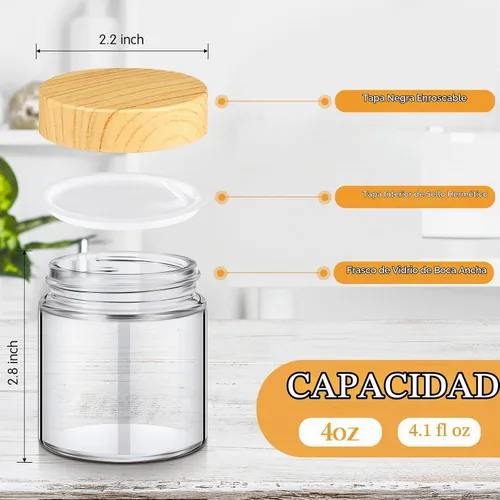 Vista 2 de Norme 120 tarros de vidrio de 4 onzas con tapas, recipientes de vidrio vacíos con tapas de grano de madera y revestimientos interiores